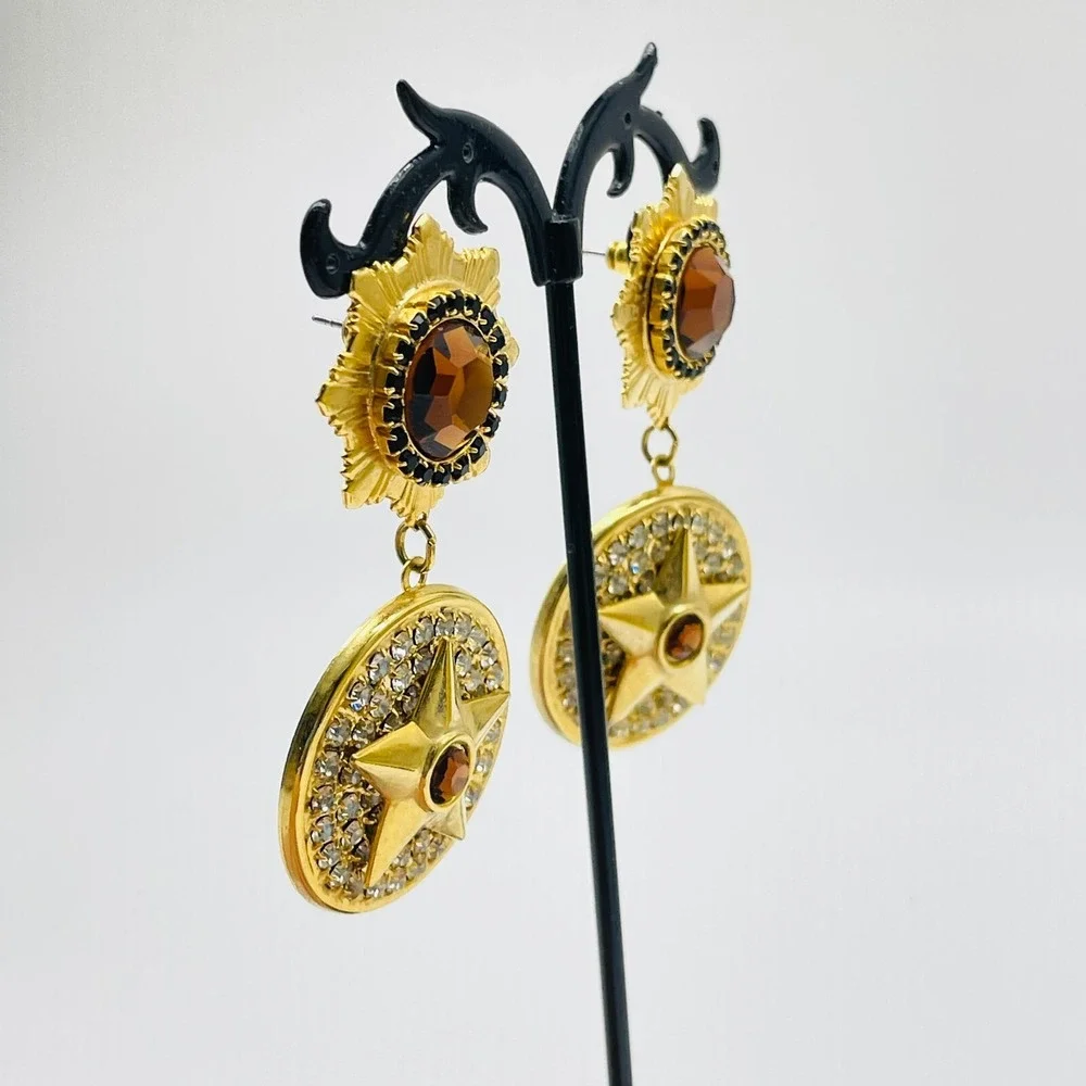 Vintage Pierced Earrings Rhinestone Star Medallion Drop  Cognac Gold Tone